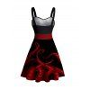 Robe D'Eté Plissée Au Poitrine Pieuvre Rouge Imprimée à Col en Forme de Cœur - Noir S | US 4