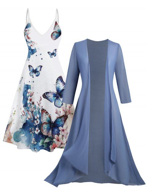 Sheer Solid Open Front Chiffon Bracelet Sleeve Cardigan and Plum Blossom Butterfly Print Cami Dress Suit