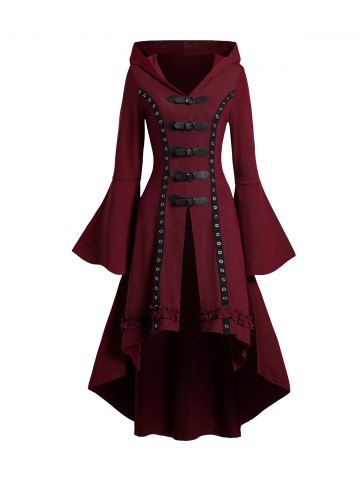Grommet Gothic Hooded Top High Low Hem Buckle Flare Sleeve Frilled Top