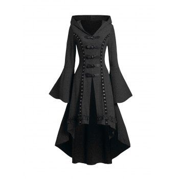 Grommet Gothic Hooded Top High Low Hem Buckle Flare Sleeve Frilled Top 