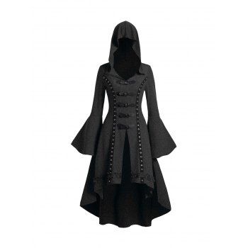 Grommet Gothic Hooded Top High Low Hem Buckle Flare Sleeve Frilled Top 