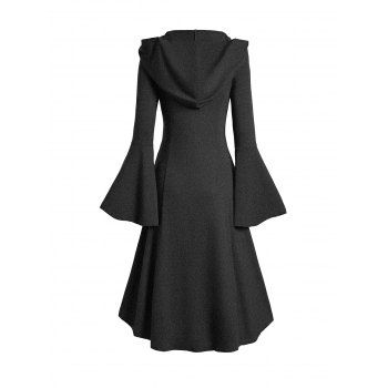 Grommet Gothic Hooded Top High Low Hem Buckle Flare Sleeve Frilled Top