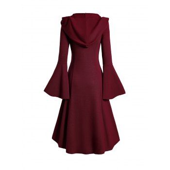 Grommet Gothic Hooded Top High Low Hem Buckle Flare Sleeve Frilled Top 