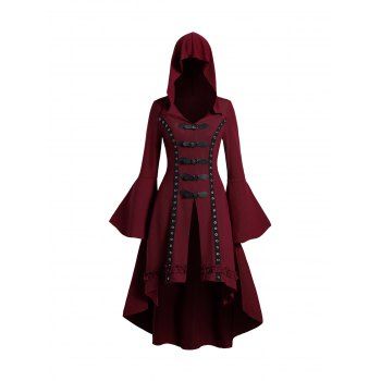 Grommet Gothic Hooded Top High Low Hem Buckle Flare Sleeve Frilled Top 