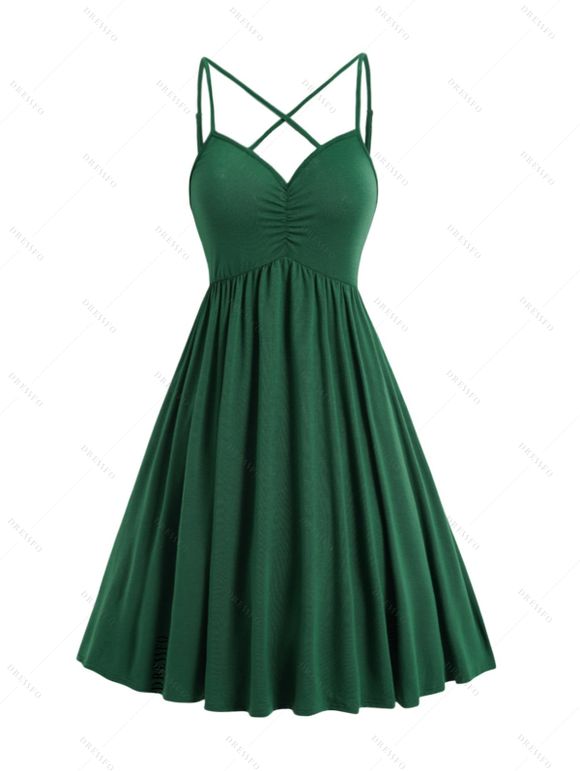 Robe D'Eté à Bretelle Fine Plissée Au Poitrine sans Manches en Couleur Unie - Vert profond XXL | US 14