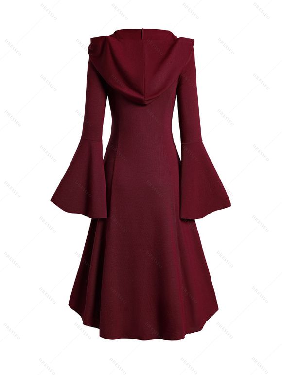 Haut à Capuche Gothique Bouclé à Ourlet Haut Bas à Manches Evasées à Volants - Rouge foncé M