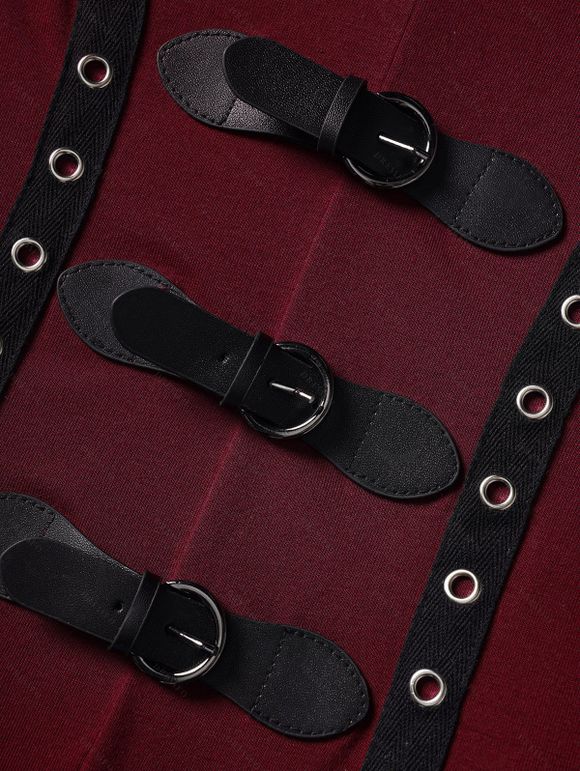 Haut à Capuche Gothique Bouclé à Ourlet Haut Bas à Manches Evasées à Volants - Rouge foncé M