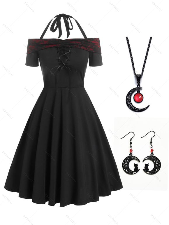 Robe Lacée à Épaules Dénudées avec Collier Lune et Boucles D'oreilles - Noir S | US 4