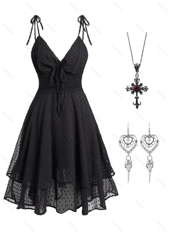 Robe Superposée Gothique Cœur et Boucles D'Oreilles en Faux Rubis - Noir S | US 4