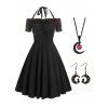 Robe Lacée à Épaules Dénudées avec Collier Lune et Boucles D'oreilles - Noir S | US 4