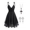 Robe Superposée Gothique Cœur et Boucles D'Oreilles en Faux Rubis - Noir S | US 4