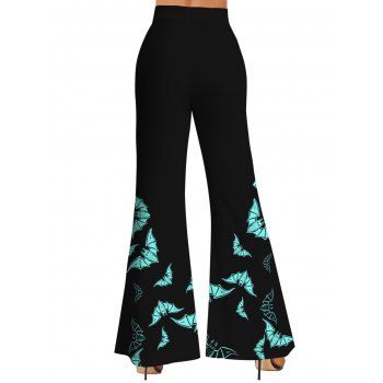 Contrast Color Bat Print Buckle Cold Shoulder T-shirt and High Waist Flare Pants Outfit