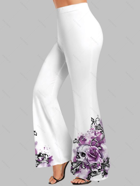 Pantalon Évasé Imprimé Rose et Crâne à Taille Haute - Blanc S | US 4