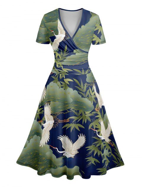 Oriental Style Crane Print V Neck Short Sleeve Surplice Dress High Waist A-line Dress