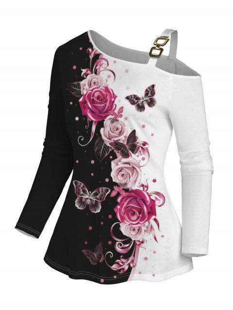T-shirt D'Eté Décontracté Papillon et Rose Imprimés Bouclé Epaule Dénudée Manches Longues à Col Oblique