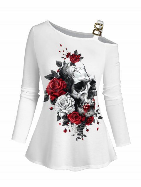 T-shirt D'Eté Décontracté Rose Crâne Imprimés Epaule Dénudée à Manches Longues