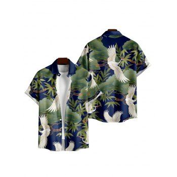 Men's Oriental Crane Print Roll Up Sleeve Shirt Button Up Short Sleeve Casual Shirt