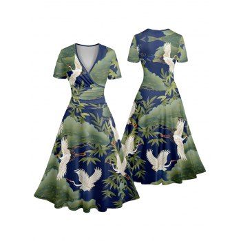 Oriental Style Crane Print V Neck Short Sleeve Surplice Dress High Waist A-line Dress