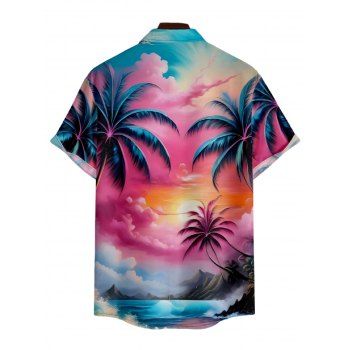 Men's Colorful Coconut Tree Print Roll Up Sleeve Shirt Button Up Short Sleeve Casual Shirt