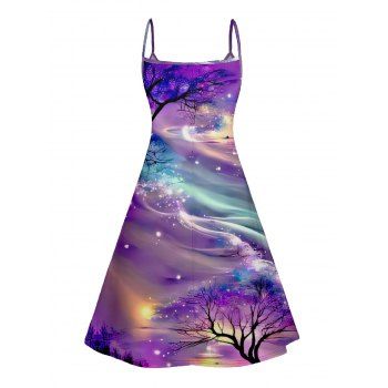 Galaxy Colorful Print V Neck High Waist Spaghetti Strap Dress Sleeveless Summer A Line Cami Dress 