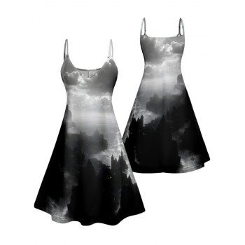 Landscape Ink Painting Print V Neck High Waist Spaghetti Strap Dress Sleeveless Summer A Line Cami Dress