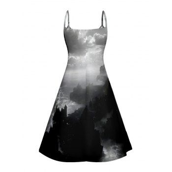 Landscape Ink Painting Print V Neck High Waist Spaghetti Strap Dress Sleeveless Summer A Line Cami Dress 