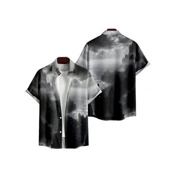 Men's Landscape Ink Painting Print Roll Up Sleeve Shirt Button Up Short Sleeve Casual Shirt