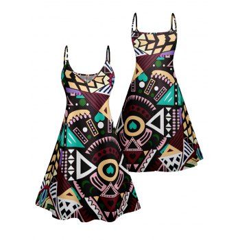 Abstract Geometric Print V Neck High Waist Spaghetti Strap Dress Sleeveless Summer A Line Cami Dress