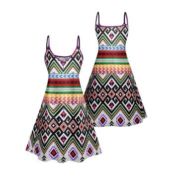 Geometric Print V Neck High Waist Spaghetti Strap Dress Sleeveless Summer A Line Cami Dress