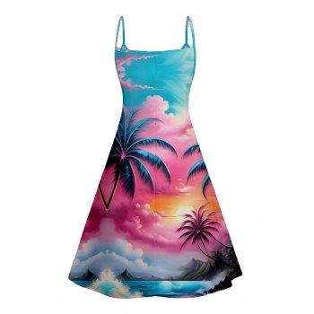 Landscape Coconut Tree Print V Neck High Waist Spaghetti Strap Dress Sleeveless Summer A Line Cami Dress