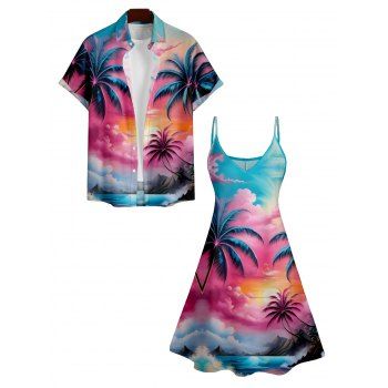 Landscape Coconut Tree Print V Neck High Waist Spaghetti Strap Dress and Roll Up Sleeve Shirt Resort Hawaii Outfit