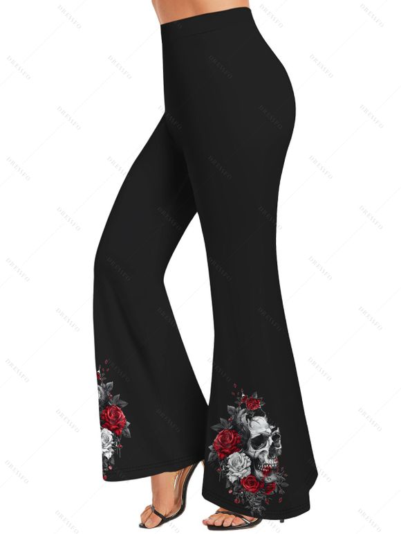 Pantalon Évasé Imprimé Rose et Crâne à Taille Haute - Noir L | US 8-10