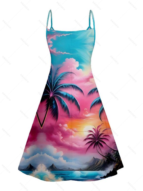 Robe Ligne A à Bretelle Fine Cocotier Imprimé à Taille Haute sans Manches - multicolor A XXL | US 14