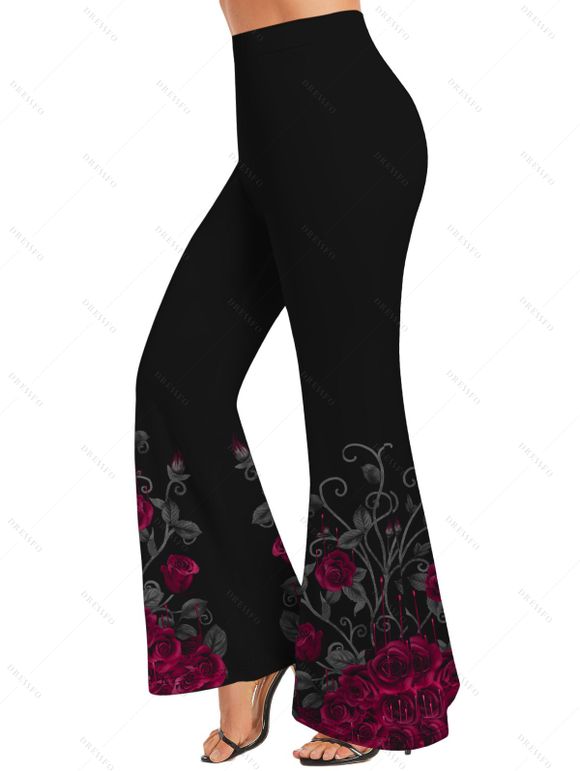 Pantalon Évasé Imprimé Rose à Taille Haute - Noir L | US 8-10