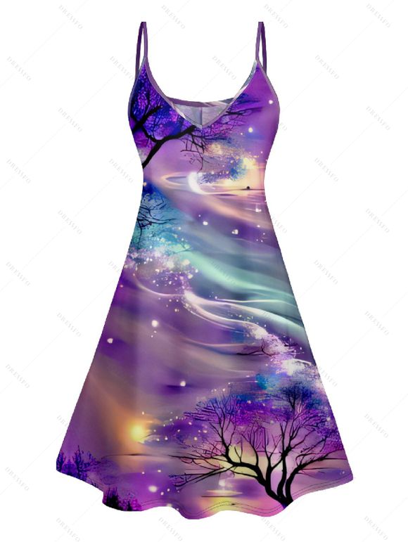 Robe D'été Trapèze à Imprimé Galaxie Colorée à Bretelles Spaghetti à Taille Haute - Pourpre S | US 4