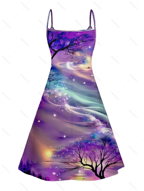 Robe D'été Trapèze à Imprimé Galaxie Colorée à Bretelles Spaghetti à Taille Haute - Pourpre S | US 4