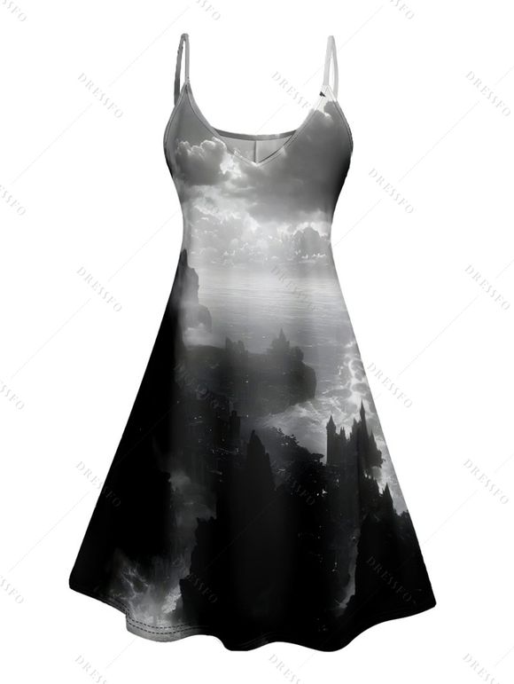 Robe Ligne A à Bretelle Fine Peinture D'Encre Paysage Imprimé sans Manches à Col V - Noir XXL | US 14