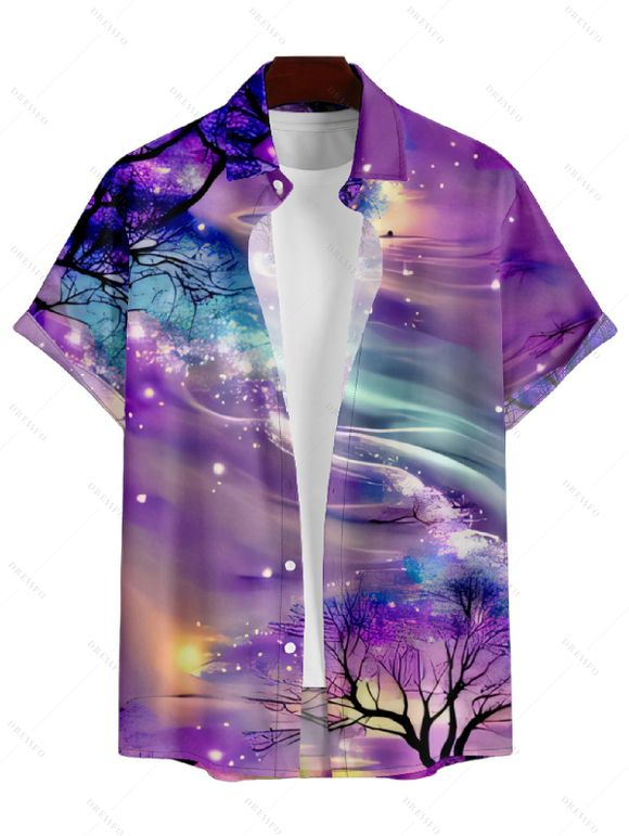 Chemise Décontractée Colorée Galaxie Imprimée Boutonnée à Manches Courtes - Pourpre S