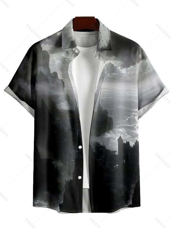 Chemise Décontractée Peinture D'Encre Paysage Imprimé à Manches Roulées pour Homme - Noir 2XL