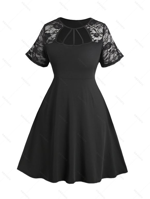 Robe D'été à Rose à Manches Courtes en Dentelle Grande Taille - Noir 1XL | US 14