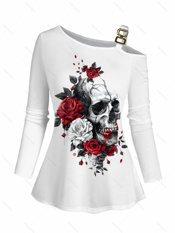 T-shirt D'Eté Décontracté Rose Crâne Imprimés Epaule Dénudée à Manches Longues - Blanc XXL | US 14