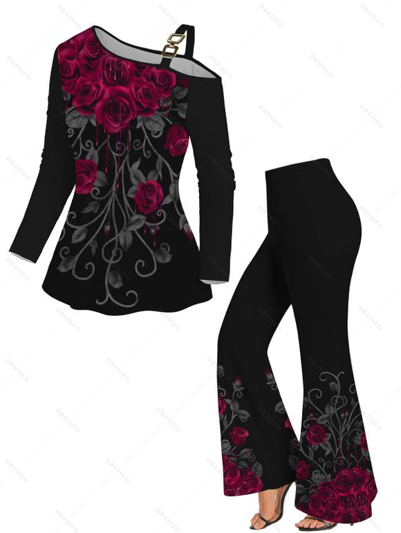 Rose Print Buckle Cold Shoulder T-shirt and High Waist Flare Pants Outfit - Noir S | US 4