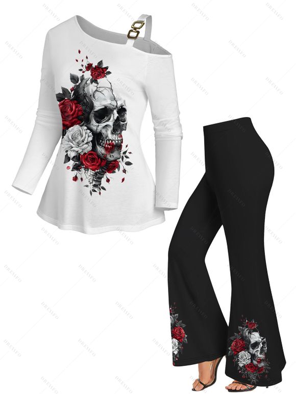 Skull Rose Print Buckle Cold Shoulder T-shirt and High Waist Flare Pants Outfit - Blanc S | US 4