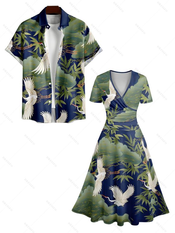 Oriental Style Crane Print V Neck Surplice Dress and Roll Up Sleeve Shirt Outfit - Vert profond 