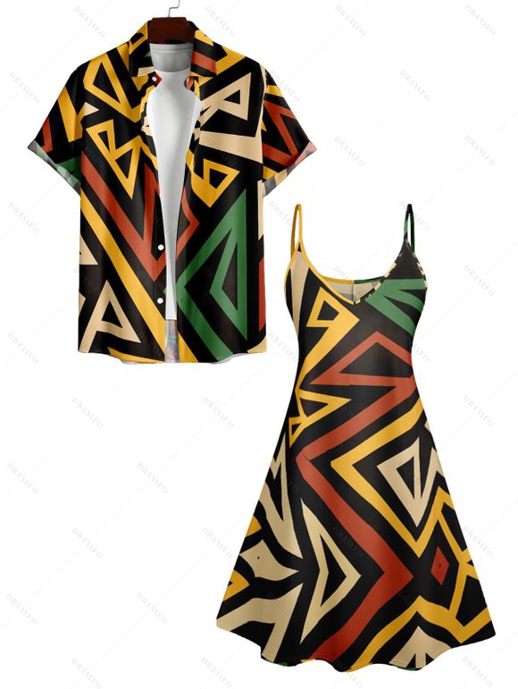 Geometric Print V Neck High Waist Spaghetti Strap Dress and Roll Up Sleeve Shirt Outfit - café S | US 4