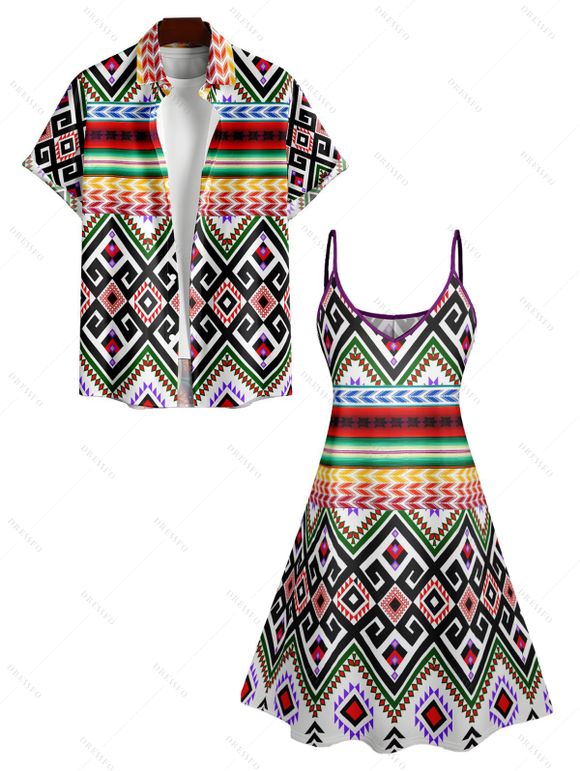 Geometric Print V Neck High Waist Spaghetti Strap Dress and Roll Up Sleeve Shirt Outfit - multicolor A S | US 4