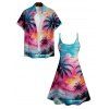 Landscape Coconut Tree Print V Neck High Waist Spaghetti Strap Dress and Roll Up Sleeve Shirt Resort Hawaii Outfit - multicolor A S | US 4