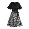 Robe D'Eté Ceinturée Croisée Fleurie Imprimée de Grande Taille à Manches de Cloche - Noir 1XL | US 14