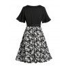 Robe D'Eté Ceinturée Croisée Fleurie Imprimée de Grande Taille à Manches de Cloche - Noir 1XL | US 14