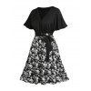 Robe D'Eté Ceinturée Croisée Fleurie Imprimée de Grande Taille à Manches de Cloche - Noir 1XL | US 14